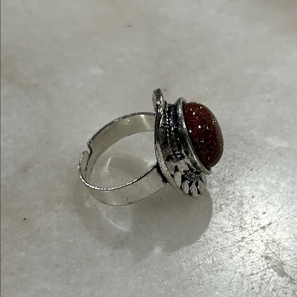 Goldstone Stone Antiqued Silver Adjustable Ring